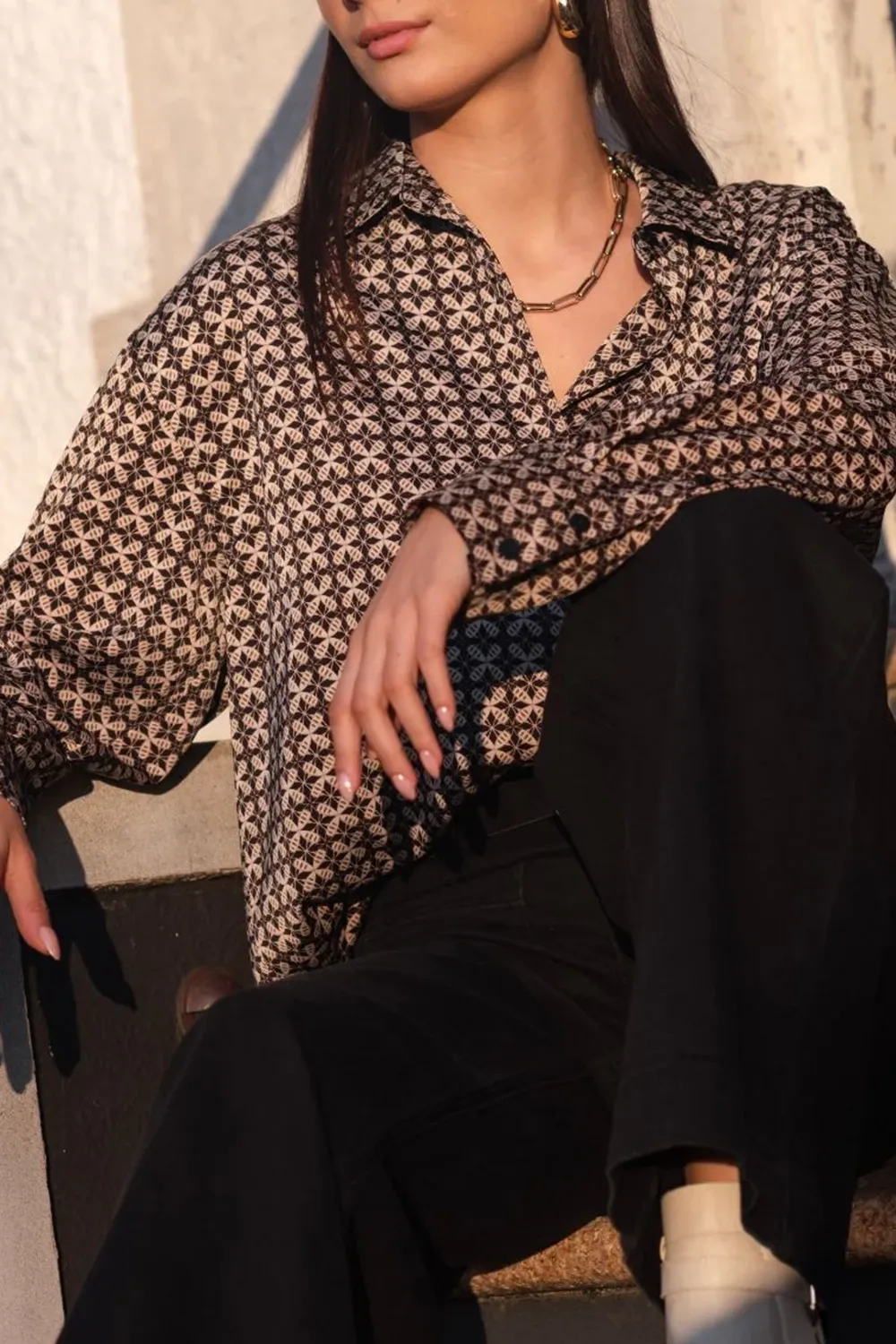 Black Geo Print Satin Oversized Shirt