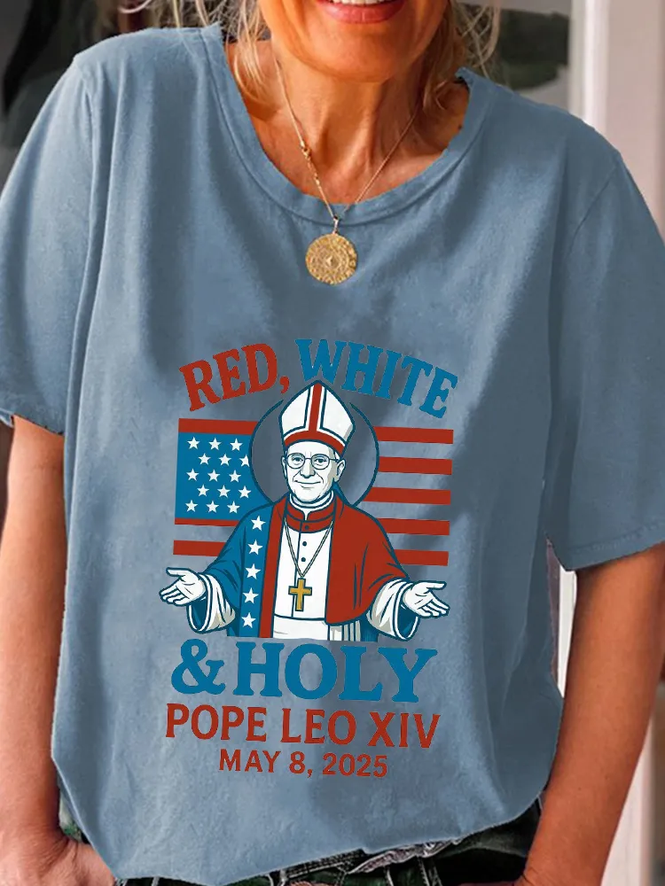 Women'S Red White And Holy Pope Leo Xiv 8th May 2025 Round-Neck Short-Sleeved T-Shirt