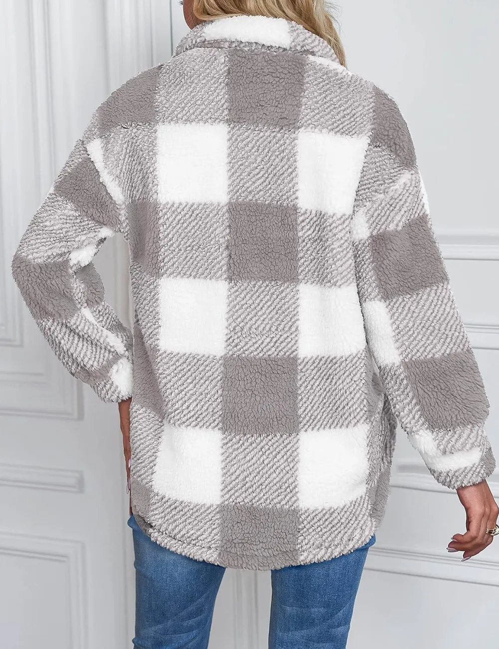 Women's Fleece Plaid Jacket Coats Button Down Lapel Sherpa Shacket Outwear with Pockets