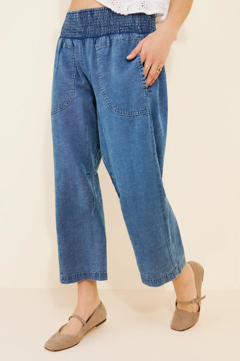 The Reese Smocked Pull-On Barrel Pants: Denim Edition