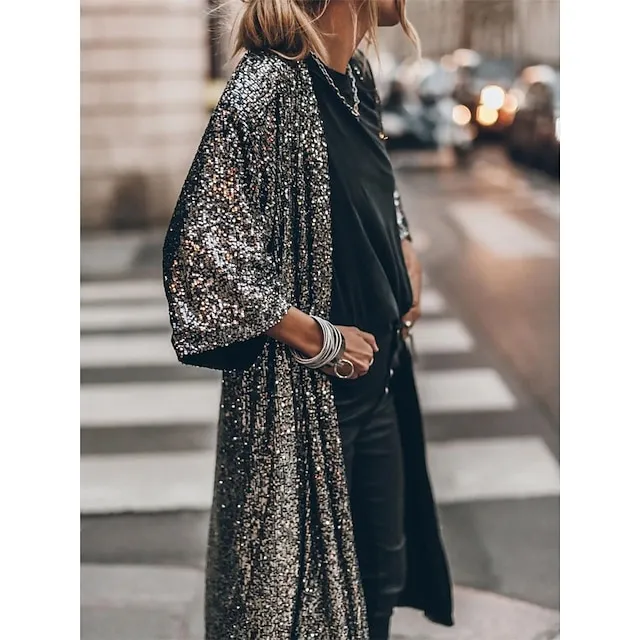 Women's Casual Jacket Sparkly Sequins Fall Spring Regular Coat Regular Fit Windproof Breathable Stylish Colorful Jacket 3/4 Length Sleeve Pure Color Silver Lotus Wine Party Street Vacation
