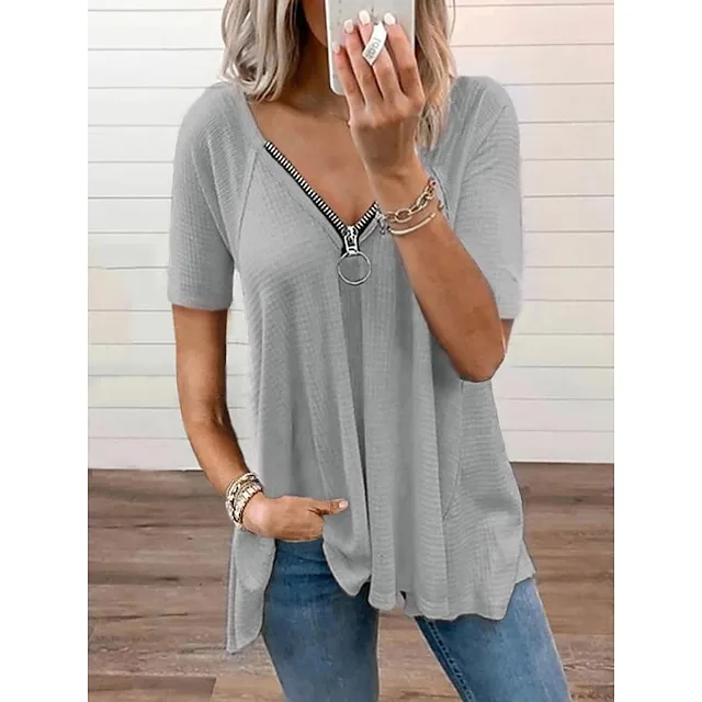 Women's T shirt Tee White Pink Light Grey Plain Short Sleeve Casual Daily Basic V Neck Regular S