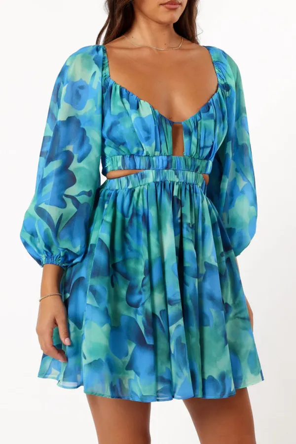 BLUE FLORAL LONG SLEEVE MINI DRESS