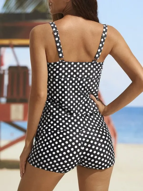 Casual Polka Dots Printing V neck Tankinis Two-Piece Set