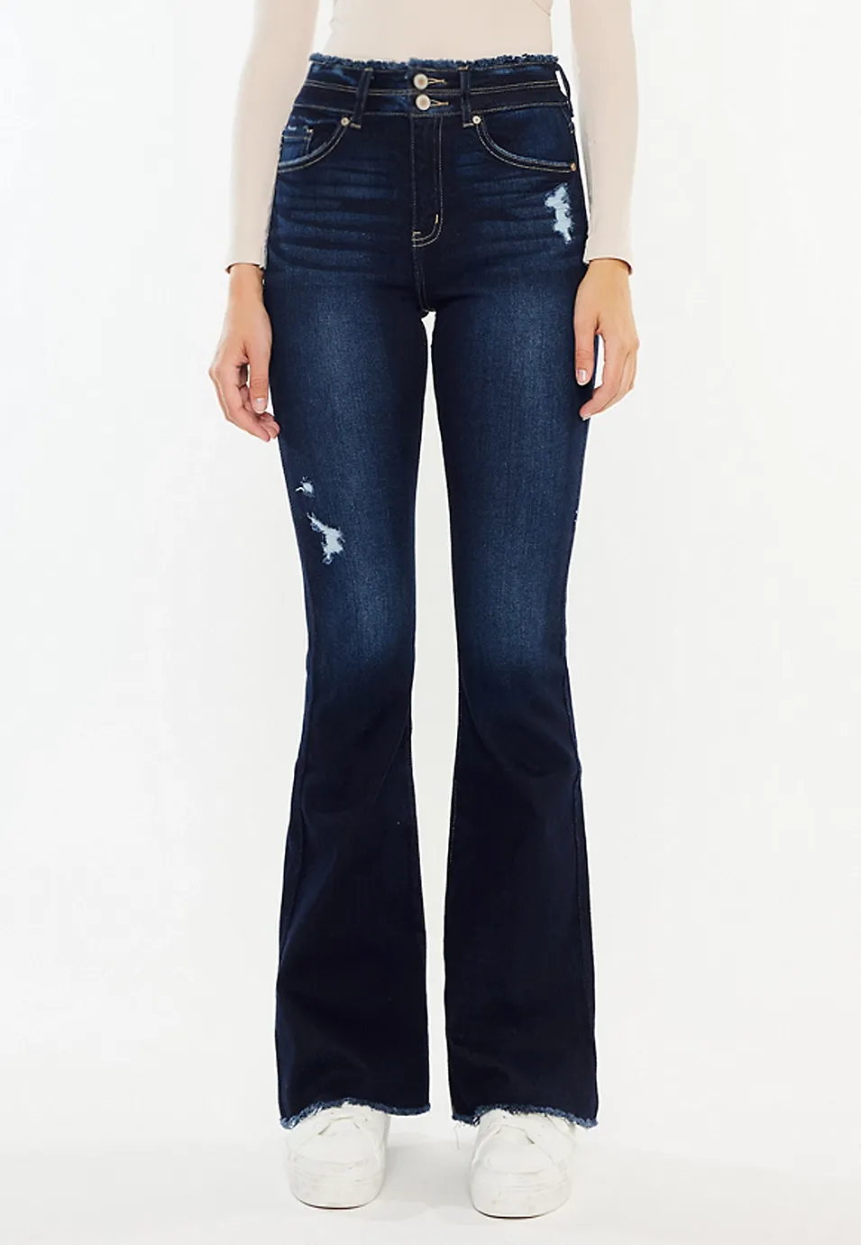 High Rise Double Button Fray Hem Flare Jean