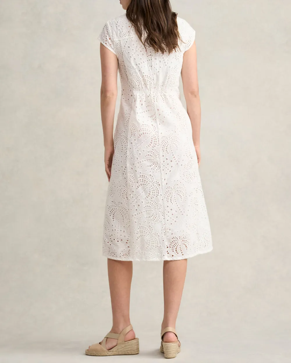 V Neck Short Sleeve Eyelet Midi Dress