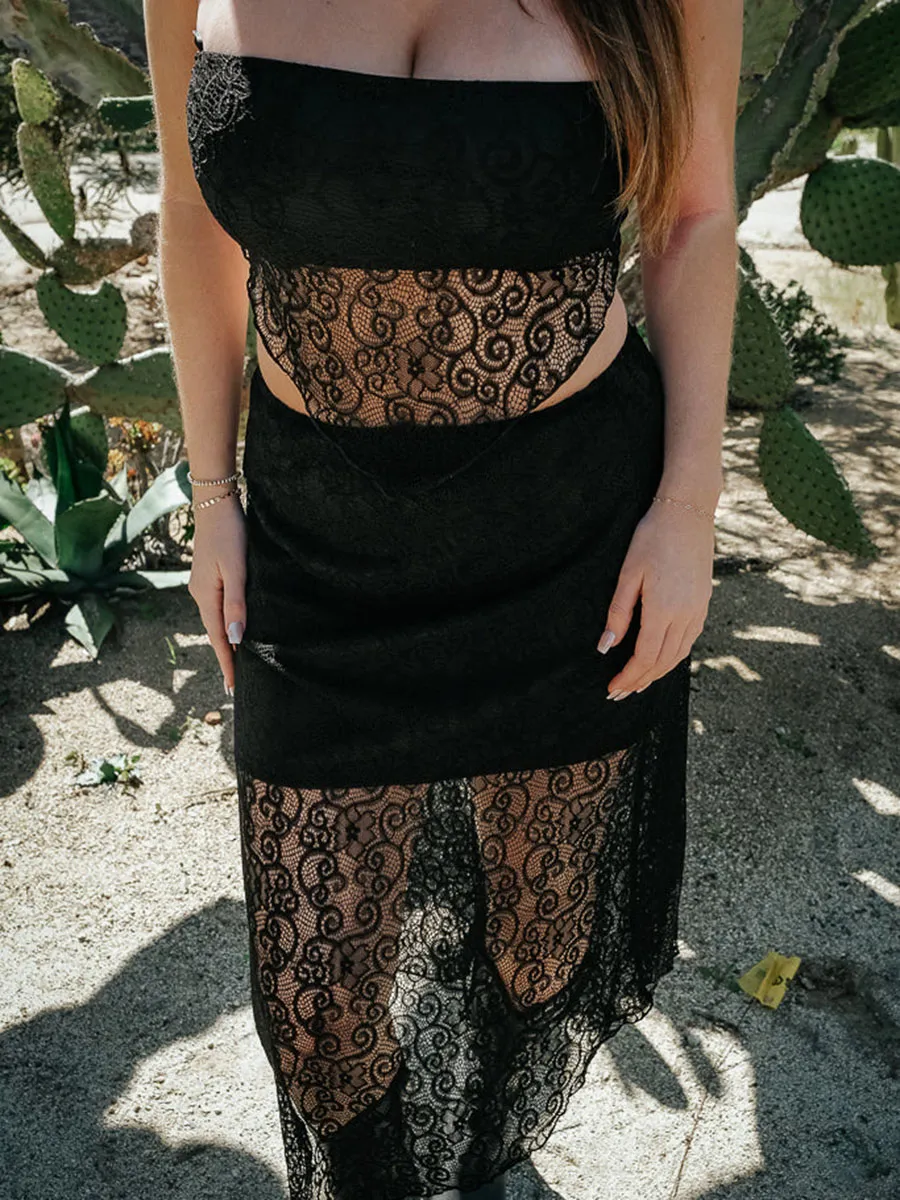 Black Lace Trimmed Tube Top and Skirt Set