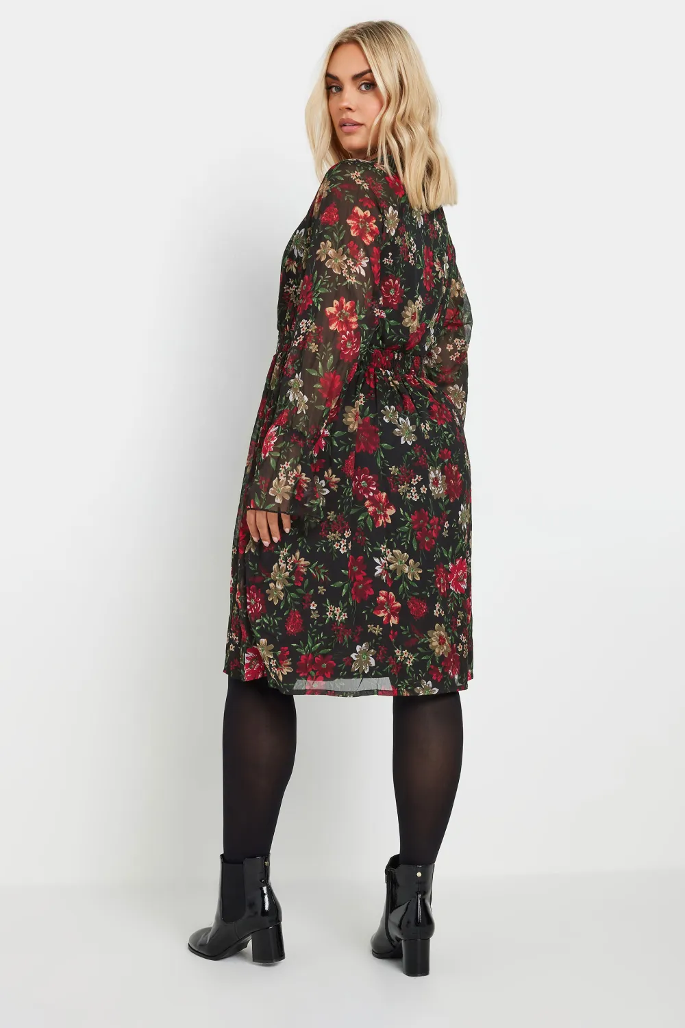 YOURS Curve Black & Red Floral Print Chiffon Tie Neck Dress