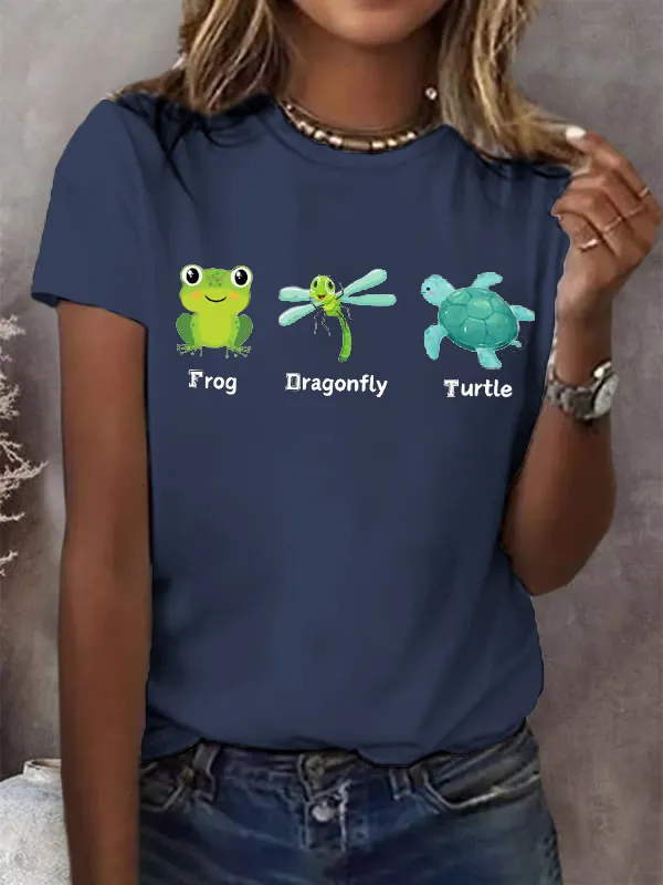 Women'S T-Shirt Women'S Frog Dragonfly Turtle Print Round Neck T-Shirt