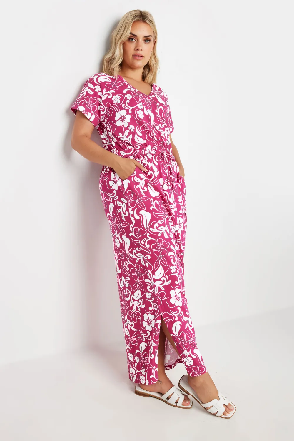 YOURS Curve Pink Floral Print Tie Waist Maxi Dress