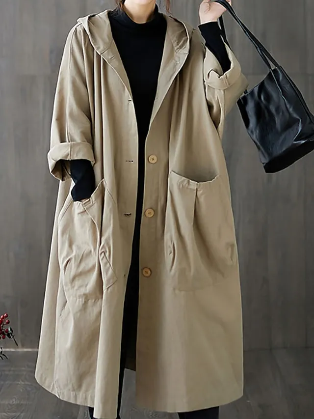 Women's Trench Coat Daily Fall Long Coat V Neck Regular Fit Warm Casual Jacket Long Sleeve Solid Color Quilted Black Khaki