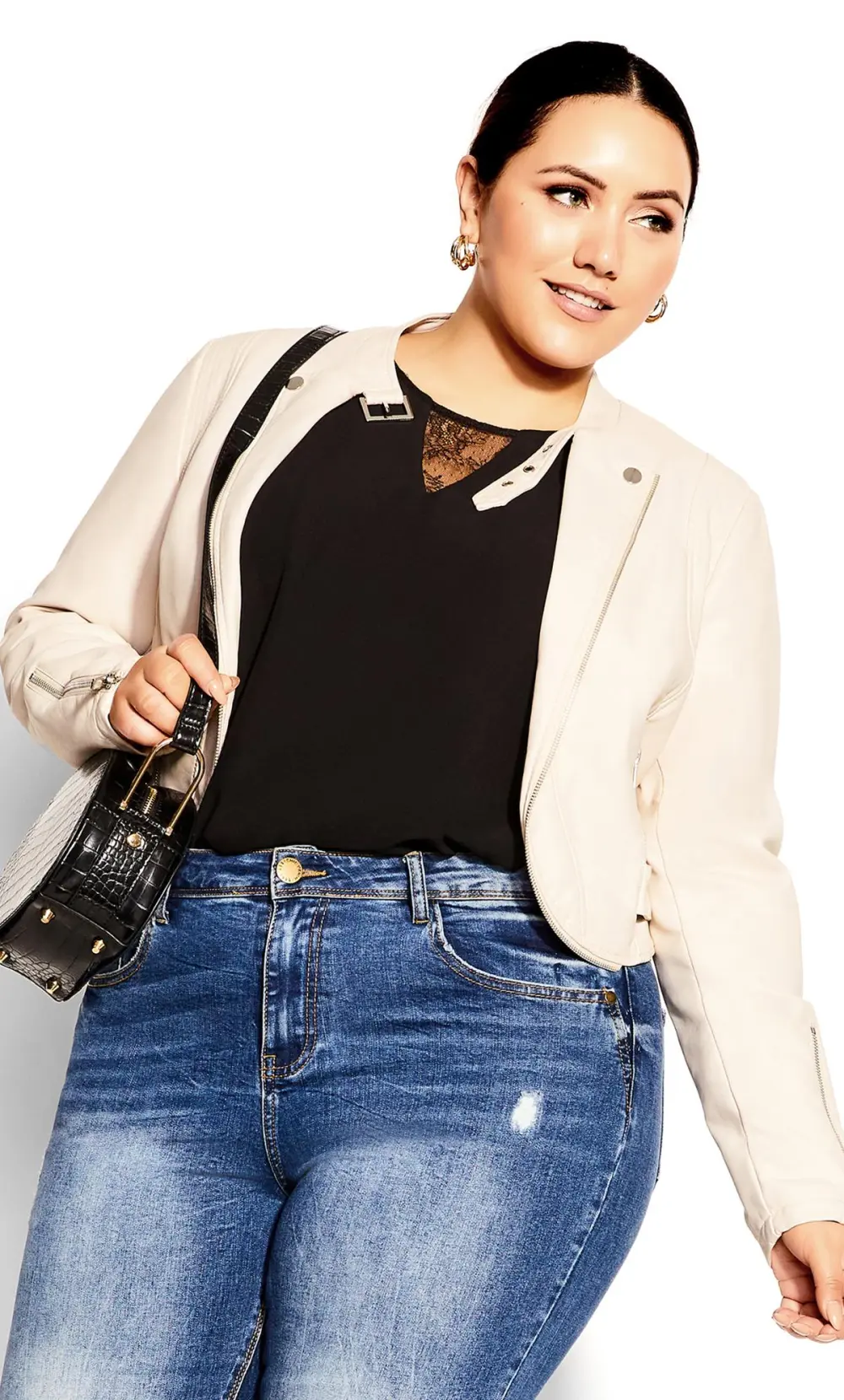 Evans Cream Cropped Biker Jacket