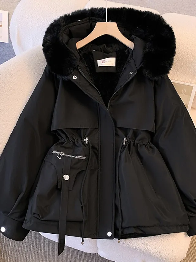 Women's Puffer Jacket Winter Fleece Parka with Collar Drawstring Zipper Coat Windproof Warm Hoodie Jacket with Pockets Fashion Street Outerwear Brown Black Khaki