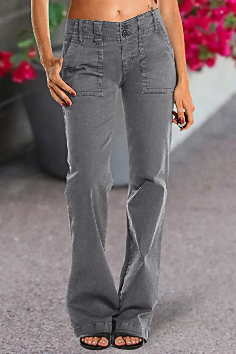Double Button Mid Waist Straight Leg Pants