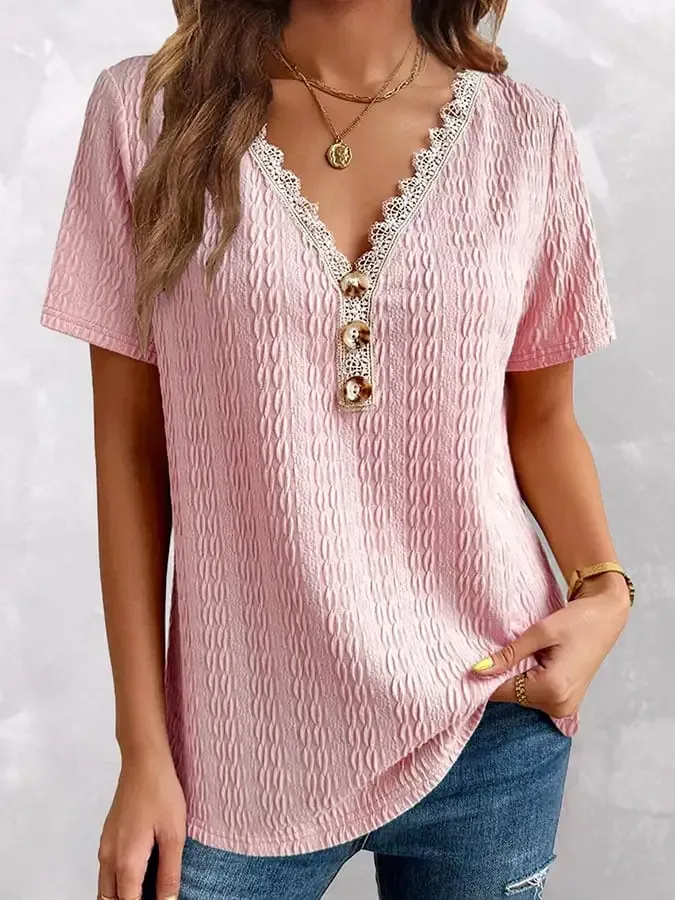 V-Neck Solid Color Lace Button T-Shirt