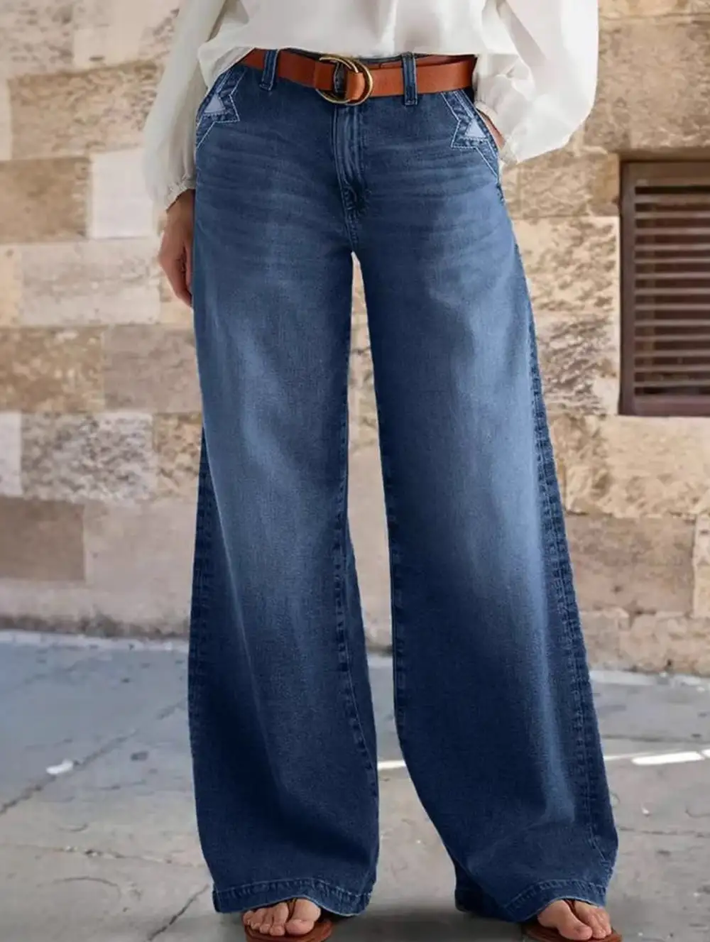 Wide-Leg Embroidered Stretch Straight Leg Casual Jeans