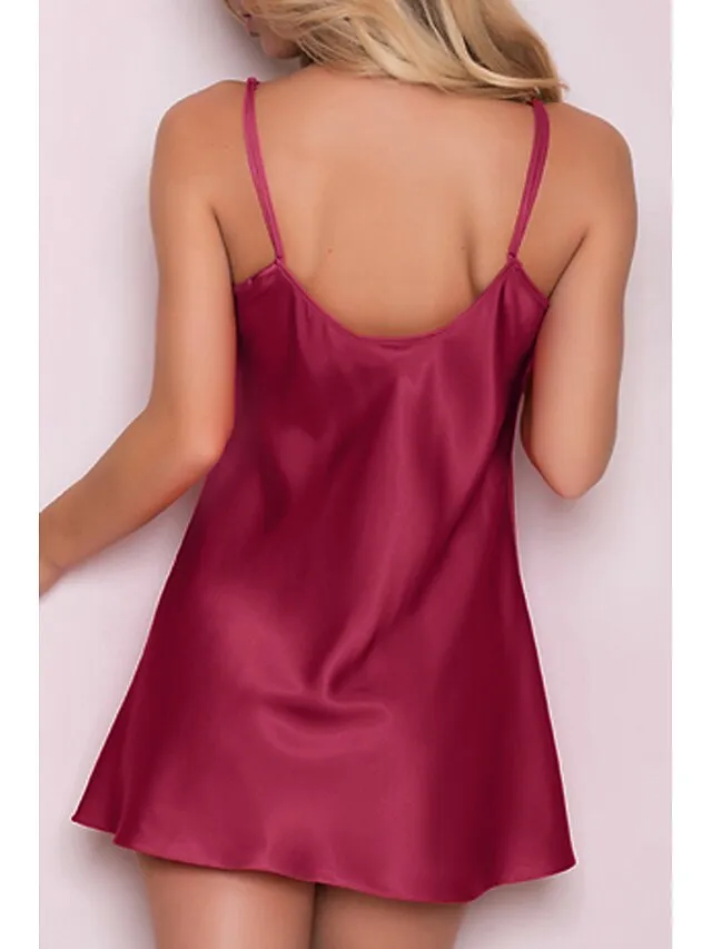 Women's Robes Gown Nightgown Sleepwear Patchwork Fashion Simple Hot Home Daily Bed Polyester Breathable Straps Sleeveless Backless Summer Spring Wine Red Fushcia
