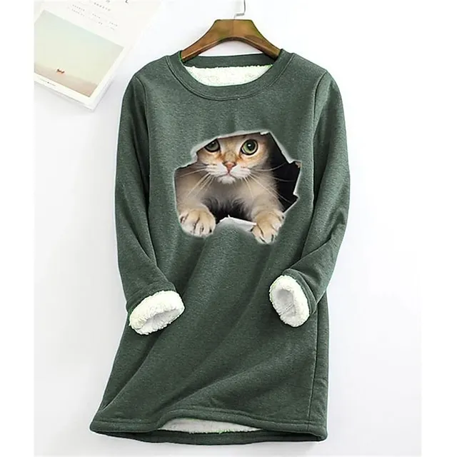 Women's Plus Size Sweatshirt Pullover Cat Teddy Sherpa Fleece Denim Blue Black White Street Casual Round Neck Long Sleeve Top Micro-elastic Fall & Winter