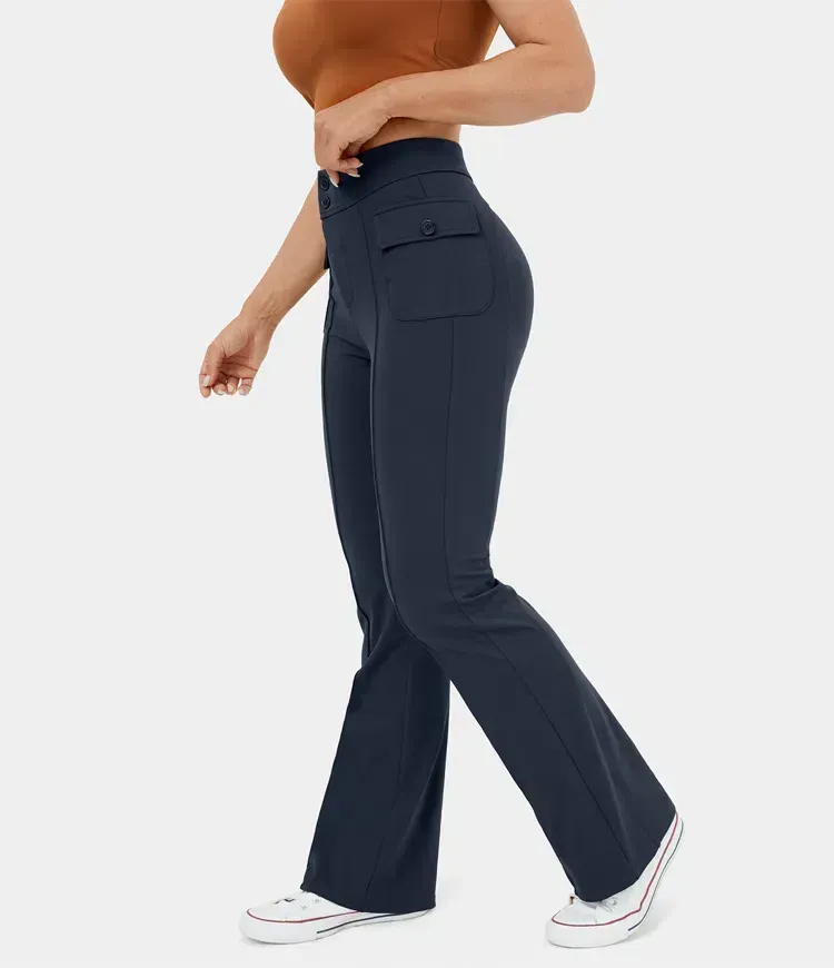 High Waisted Button Side Flap Pocket Flare Casual Cargo Pants