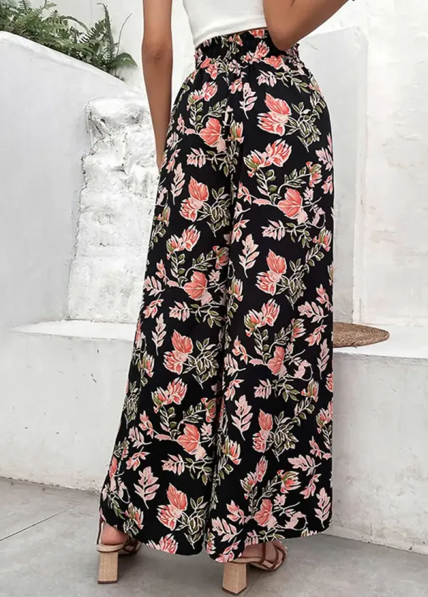 Black Lightweigh Floral Print Elastic Waist Pants