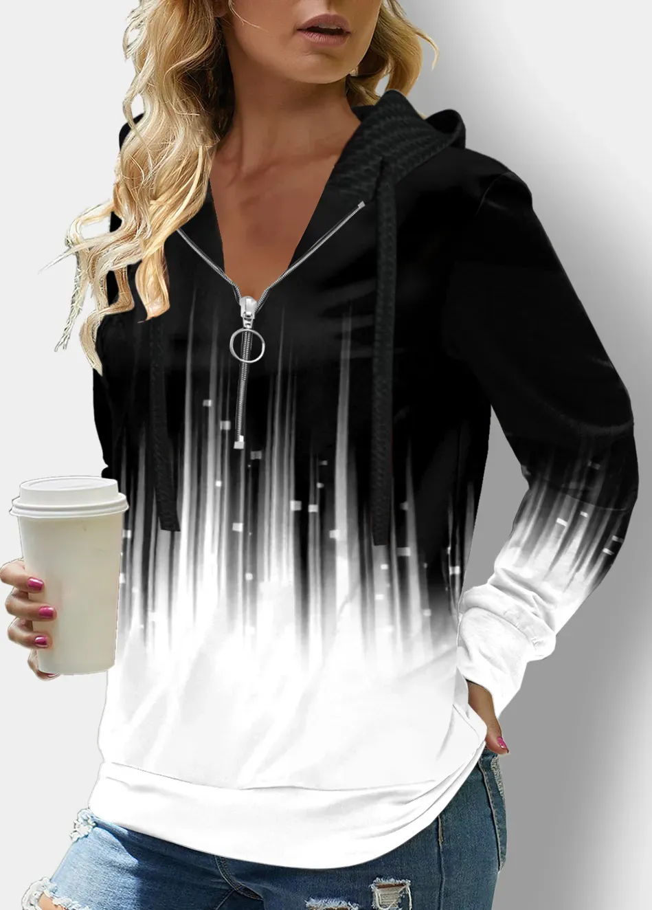 Red Patchwork Plaid Long Sleeve Hoodie