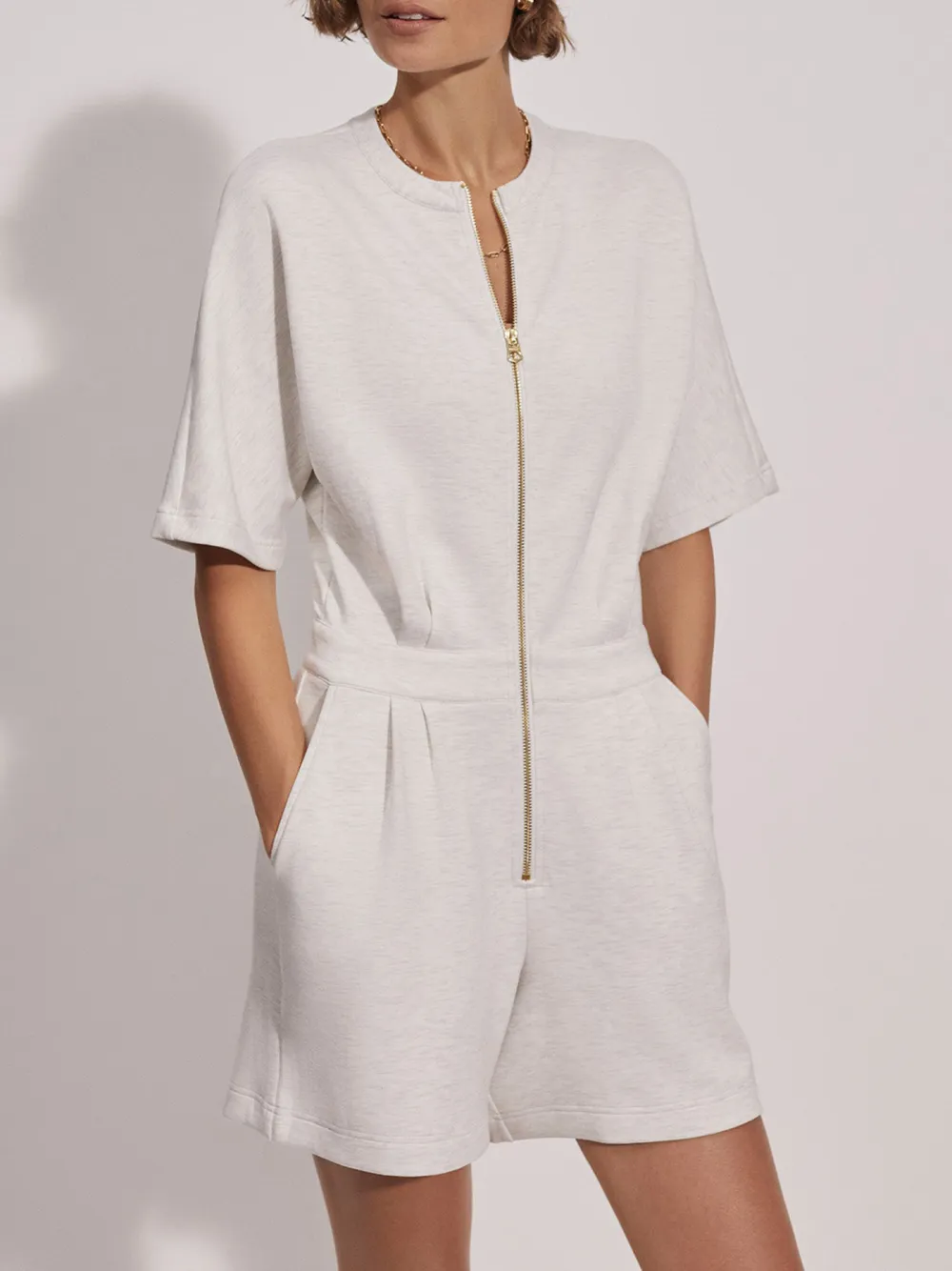 Fashionable Half-Sleeve Zip-Front Jumpsuit