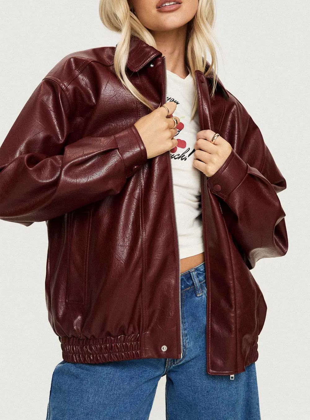 Satin Trim Faux Leather Jacket