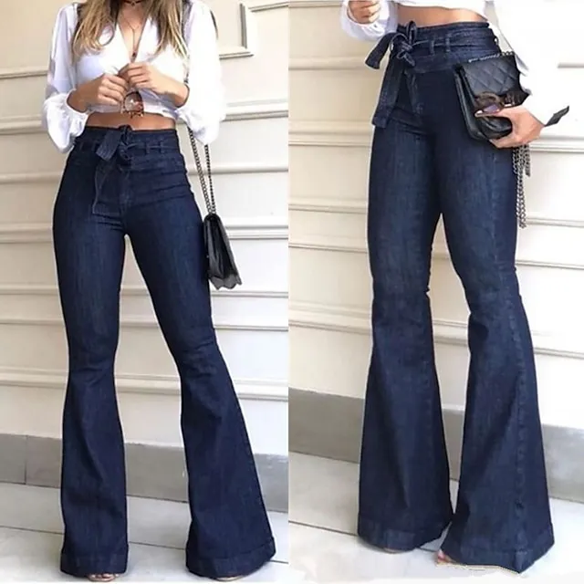 Women‘s Flare Jeans Bootcut Full Length Denim Faux Denim Micro-elastic Mid Waist Fashion Work Casual Black Blue S M