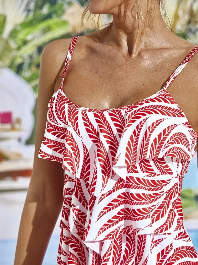 Vacation Floral Flouncing Scoop Neck Tankinis Two-Piece Set