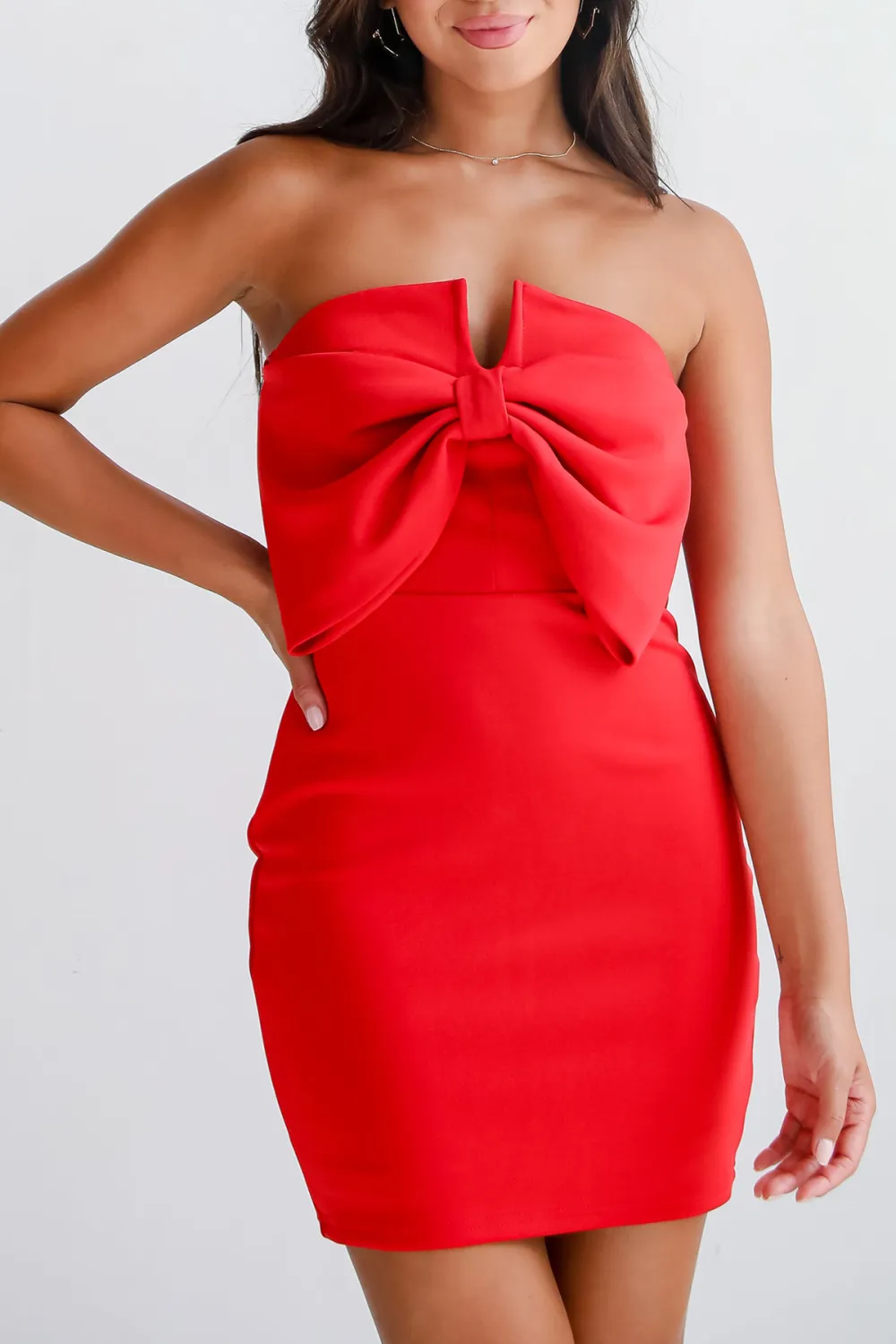 Under Stadium Lights Strapless Bow Mini Dress