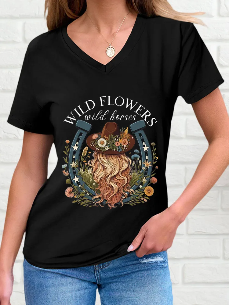 Women's Wildflower Pattern V-Neck Short Sleeve T-Shirt