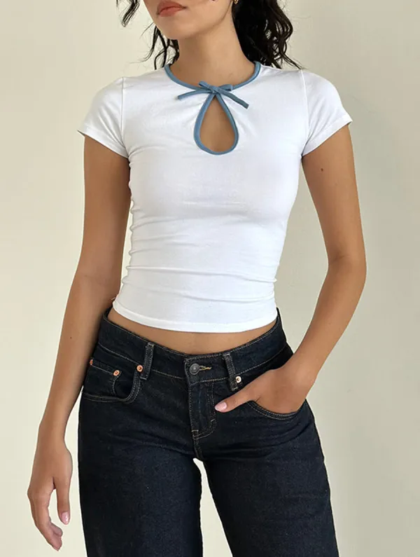 Tie Front Top In White With Faded Denim Binding