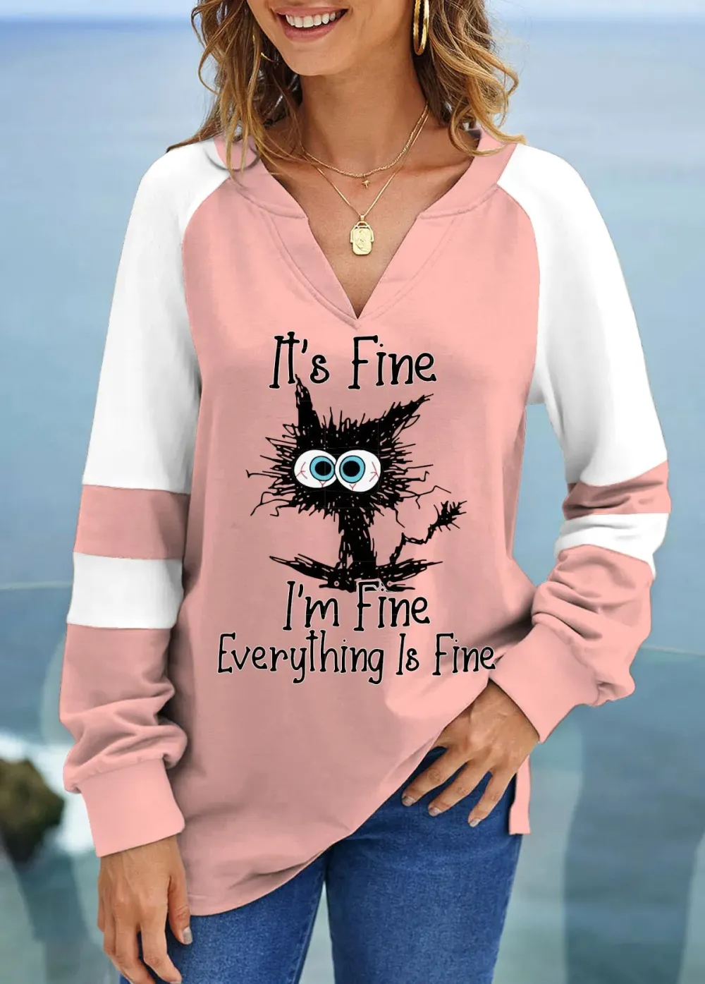 Long Sleeve Split Neck Contrast Sweatshirt