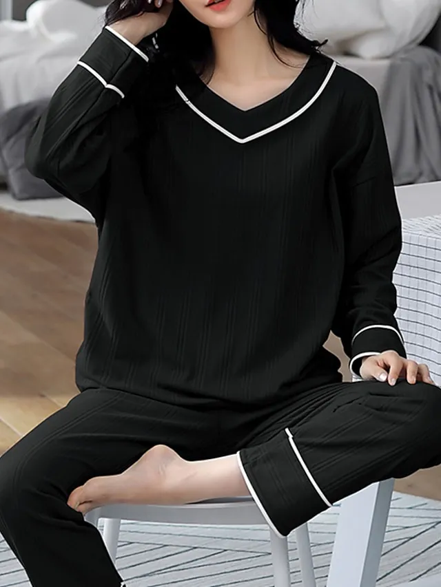 Women's Pajamas Nighty Pjs Sets 2 Pieces Pure Color Fashion Simple Comfort Home Daily Bed Cotton Breathable Gift V Wire Long Sleeve Pant Elastic Waist Basic Spring Fall Black Light Green