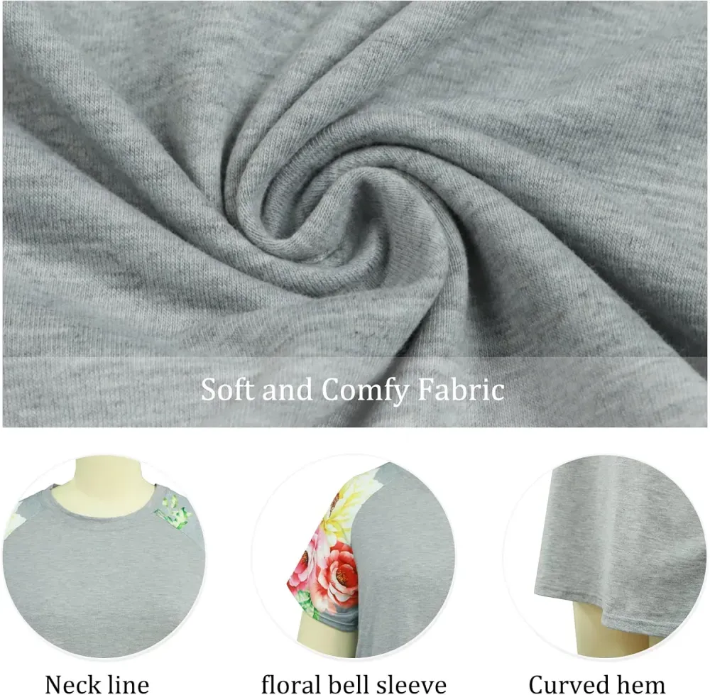 HDLTE Womens Plus Size Tops Floral Bell Sleeves Blouses Summer Crewneck Tunic Loose Casual T Shirts