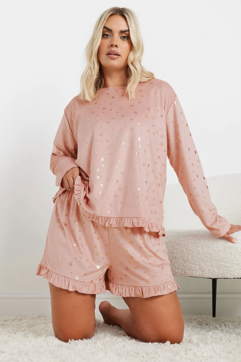 YOURS Curve Navy Blue Star Frilled Pyjama Set