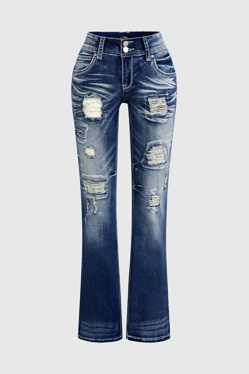 Ripped Contrast Stitch Mid Rise Bootcut Jeans
