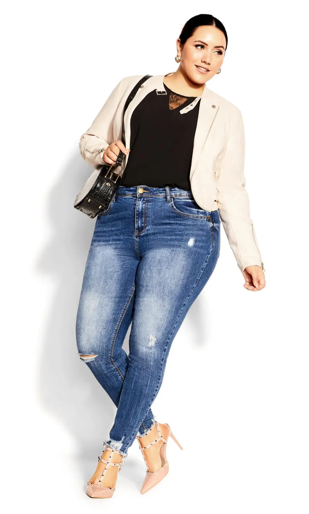 Evans Cream Cropped Biker Jacket