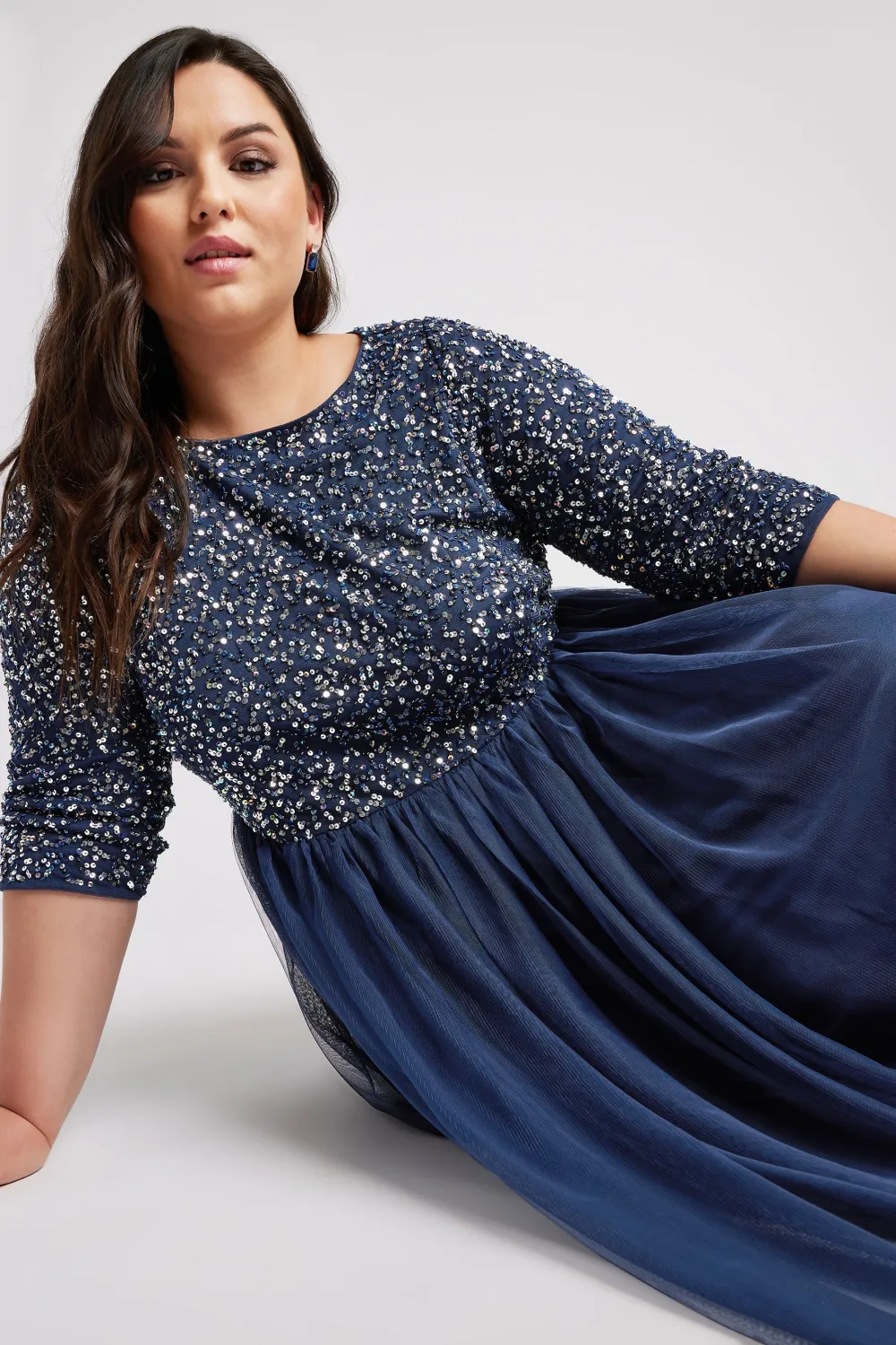 LUXE Curve Navy Blue Sequin Hand Embellished Maxi Dress