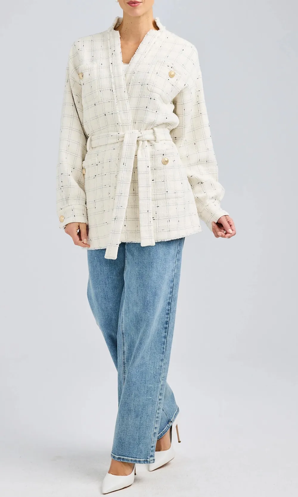 Tied Waist Tweed Jacket