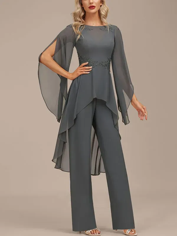 Jumpsuit/Pantsuit Separates Boat Neck Floor-Length Chiffon Evening Dress With Appliques Lace