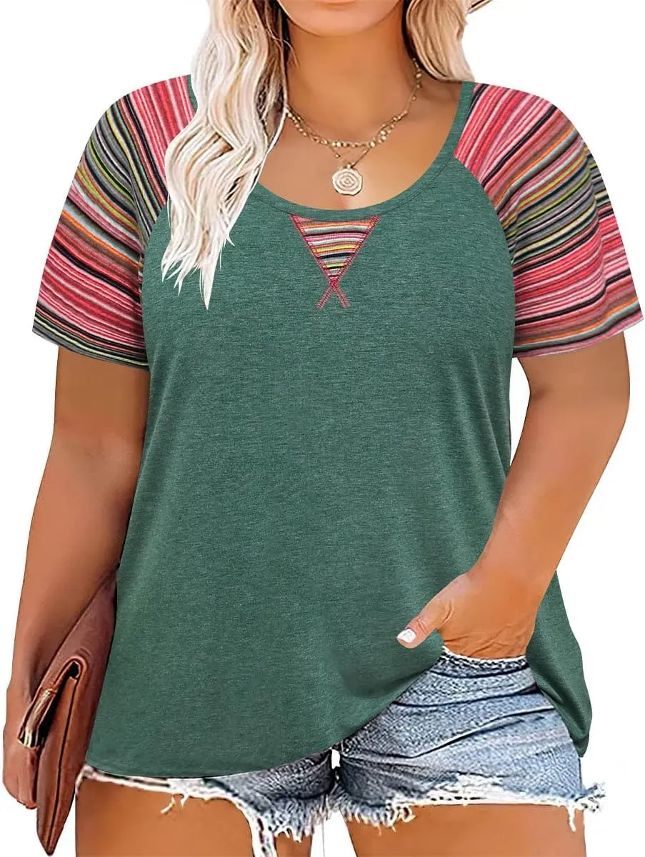 TIYOMI Plus Size T Shirt for Women Short Sleeve Tunic Cross Line Shirts Round Neck Tops Summer Blouse XL-5XL 14-28