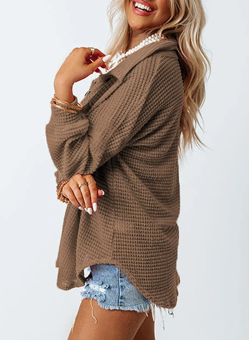 Womens Waffle Knit Button Down Shirts Casual Long Sleeve Shacket Jacket Boyfriend Tops Blouses Loose Fit