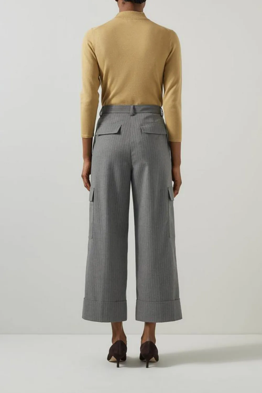 Grey Striped Cropped Wide Leg Trousers