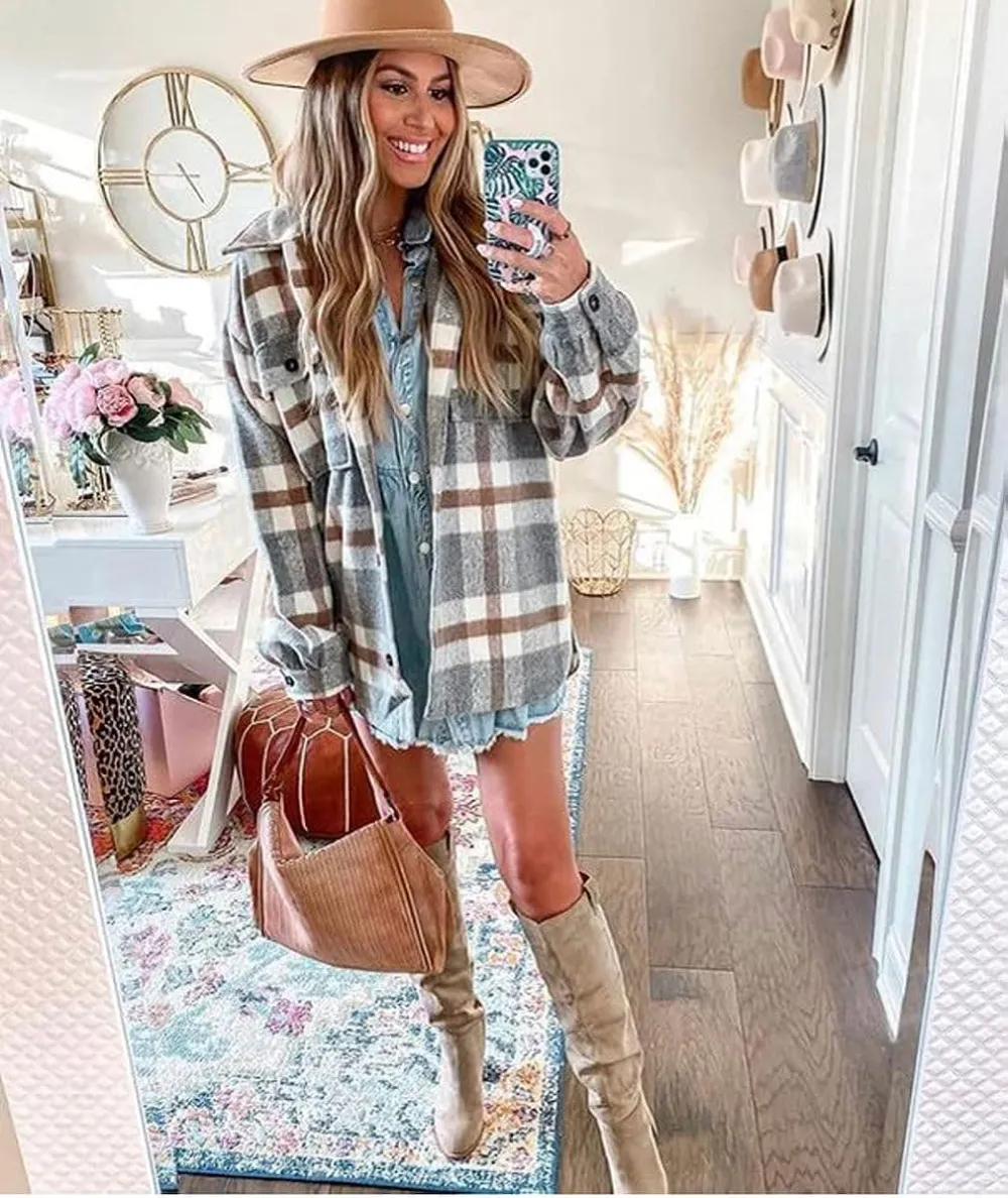 Women's Flannel Plaid Shacket Long Sleeve Button Down Chest Pocketed Shirts Jacket Coats