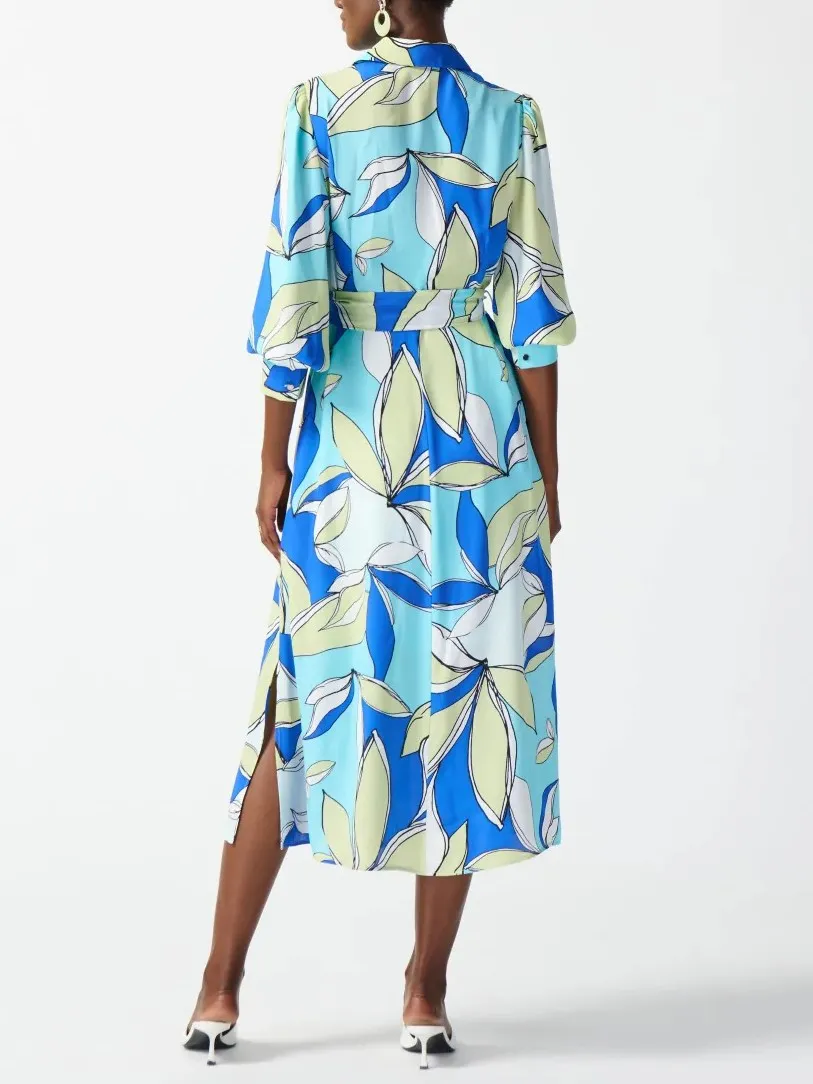 Blue and White Leaf Print Shirt Dress