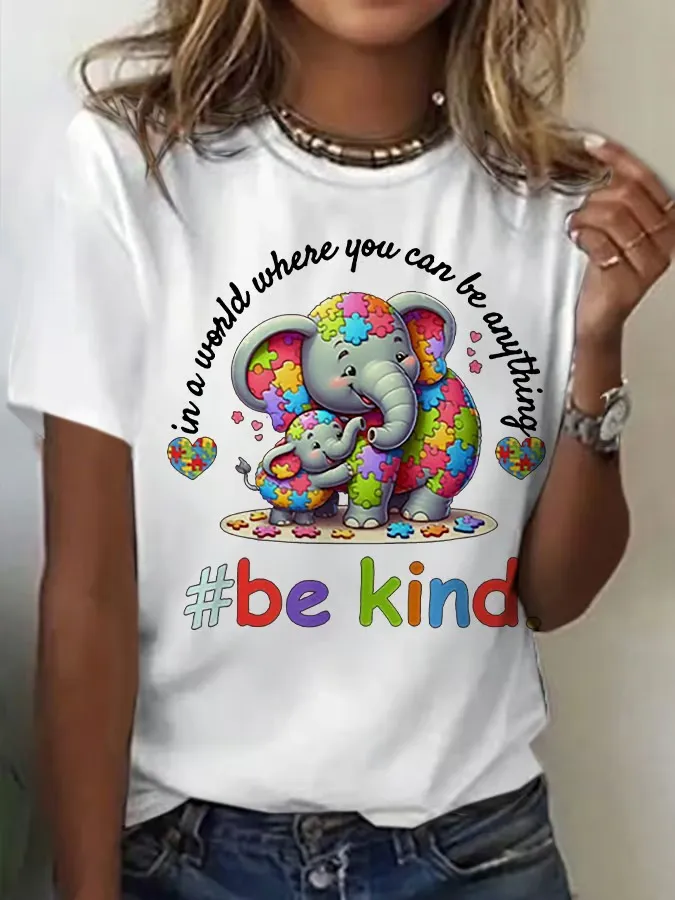 Women'S Retro Be Kind Autism Awareness Elephant Print Round Neck T-Shirt