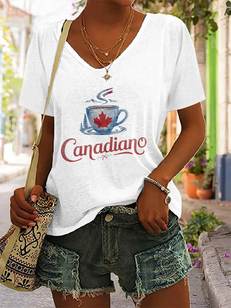 Canadian Printed V-Neck Short-Sleeved T-Shirt