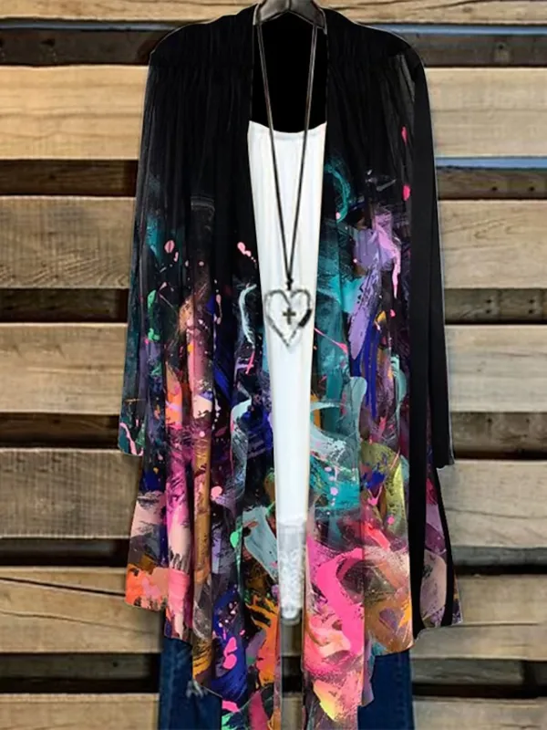 Women's Plus Size Jacket Sequins Print Floral Tie Dye Color Gradient Holiday Date Long Sleeve Open Front Regular Winter Fall Green Black Purple L XL XXL 3XL