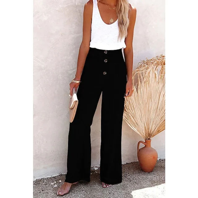 Women's Culottes Wide Leg Linen Pants Chinos Faux Linen Solid Color Baggy Full Length Micro-elastic Mid Waist Fashion Casual Weekend Black White S M Summer